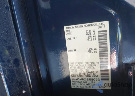 2012 Nissan Maxima 3.5 Sv from USA, damaged, VIN 1N4AA5AP6CC868023